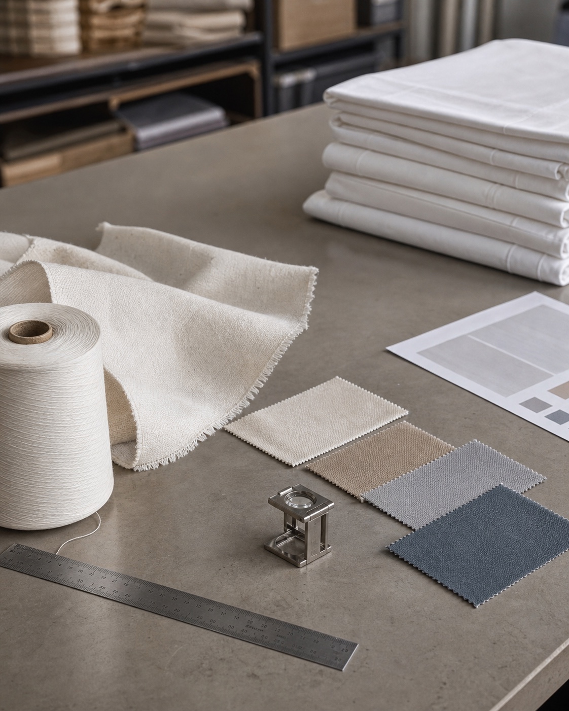 Textile development materials arranged from yarn and fabric samples to finished hotel linens